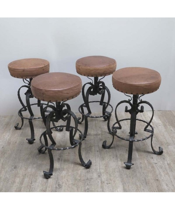 Four Bar Stools Made Of Wrought Iron, 1970 Leather Bar Stools
